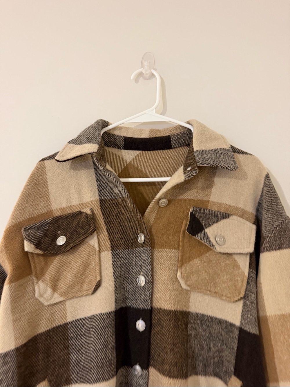 Brown Beige Plaid Oversized Shacket Women’s Large - Picture 2 of 8